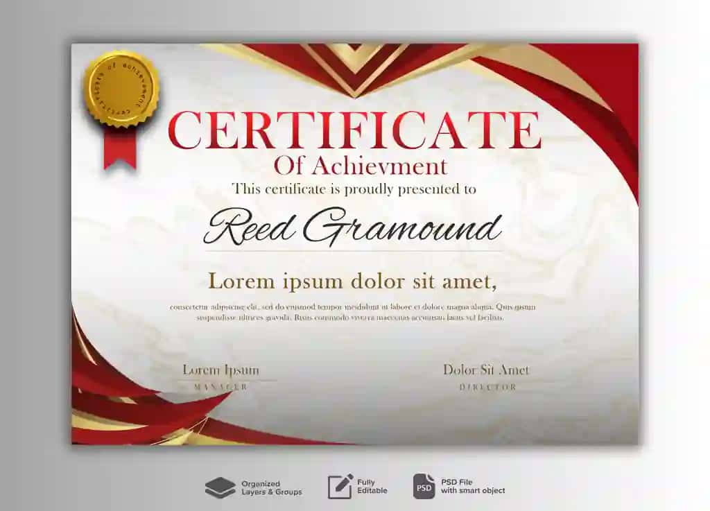 Qizil oltin tafsilotlari bilan oqlangan sertifikat shabloni | Elegant certificate template with red golden details