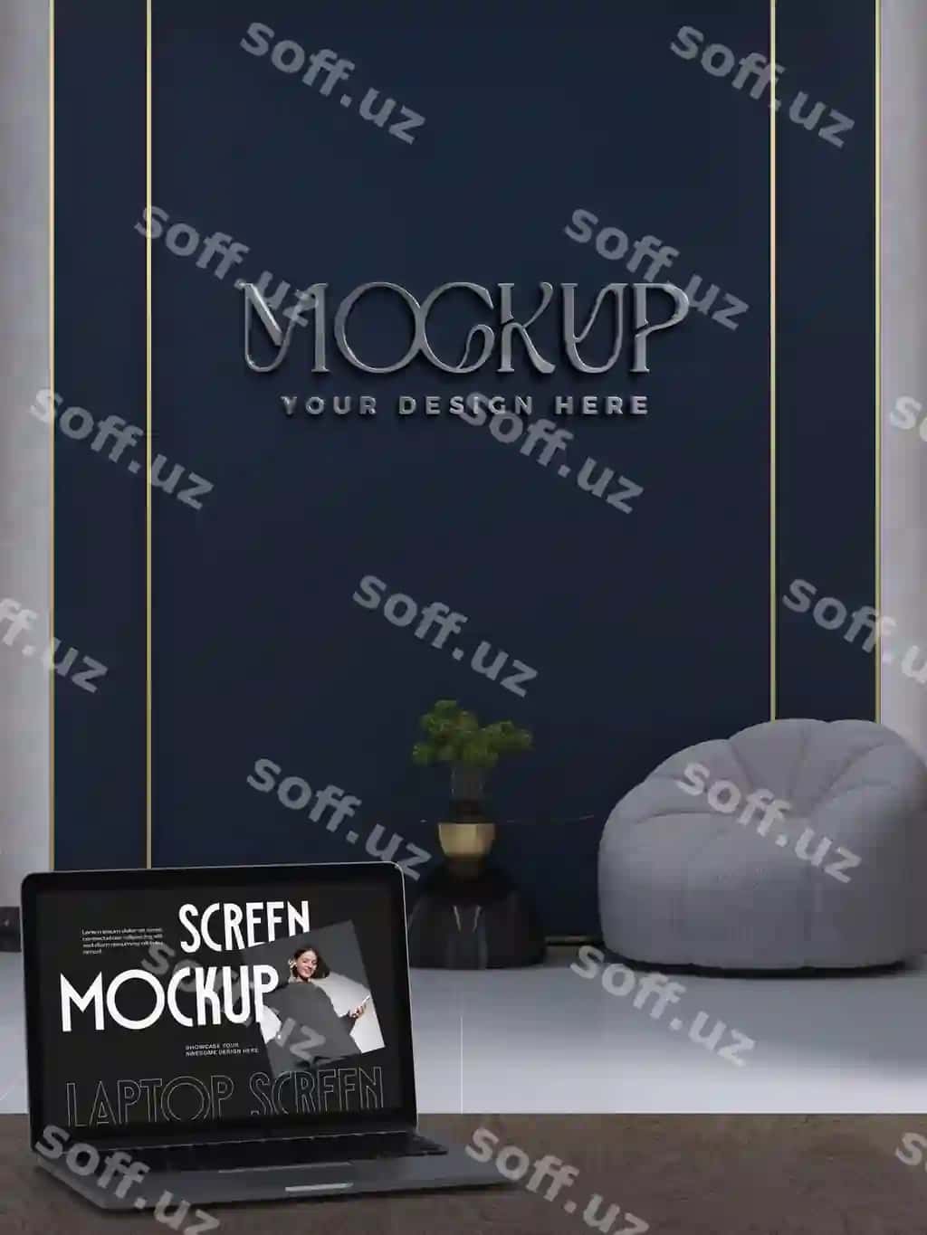 Noutbuk logotip effekt devor namunasi | Laptop logo effect wall mockup