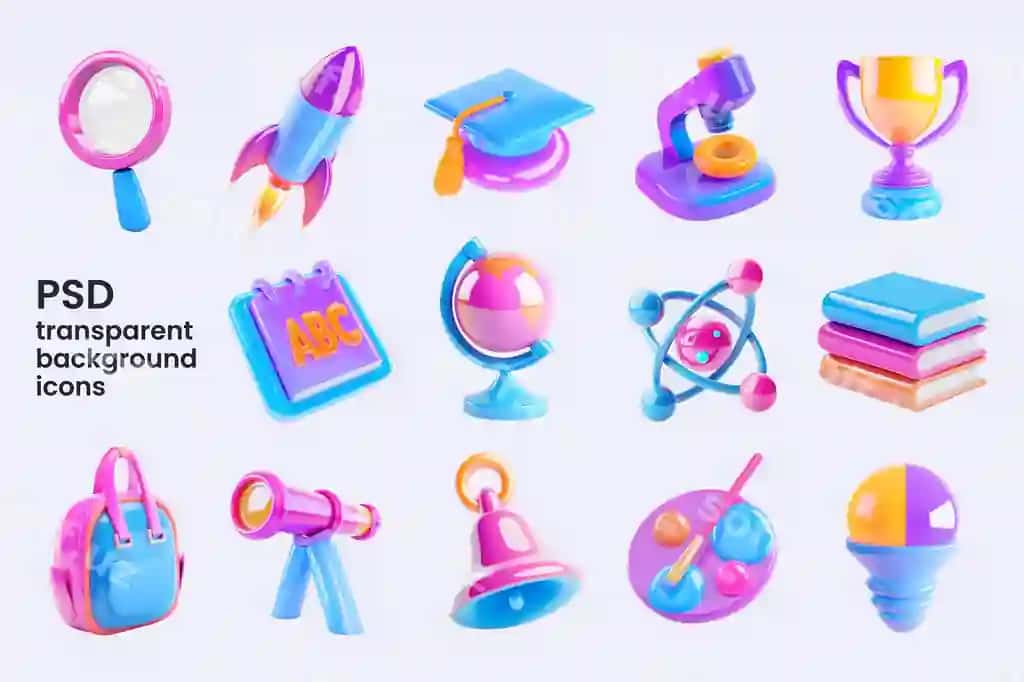 Ta'lim 3D izolyatsiyalangan piktogramma to'plami 3D maktab rasmlari shaffof | Education 3d isolated icon set 3d school illustrations transparent