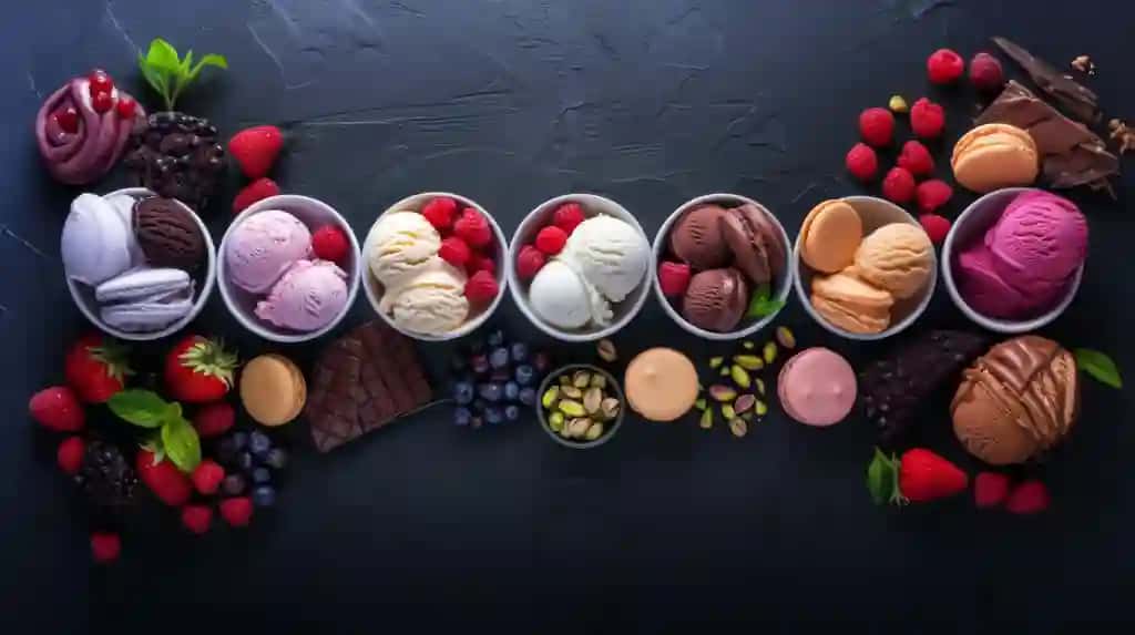 Mevali makaronlar solingan turli xil muzqaymoq qoshig'i idishlari | Various ice cream scoops bowls with fruits macarons