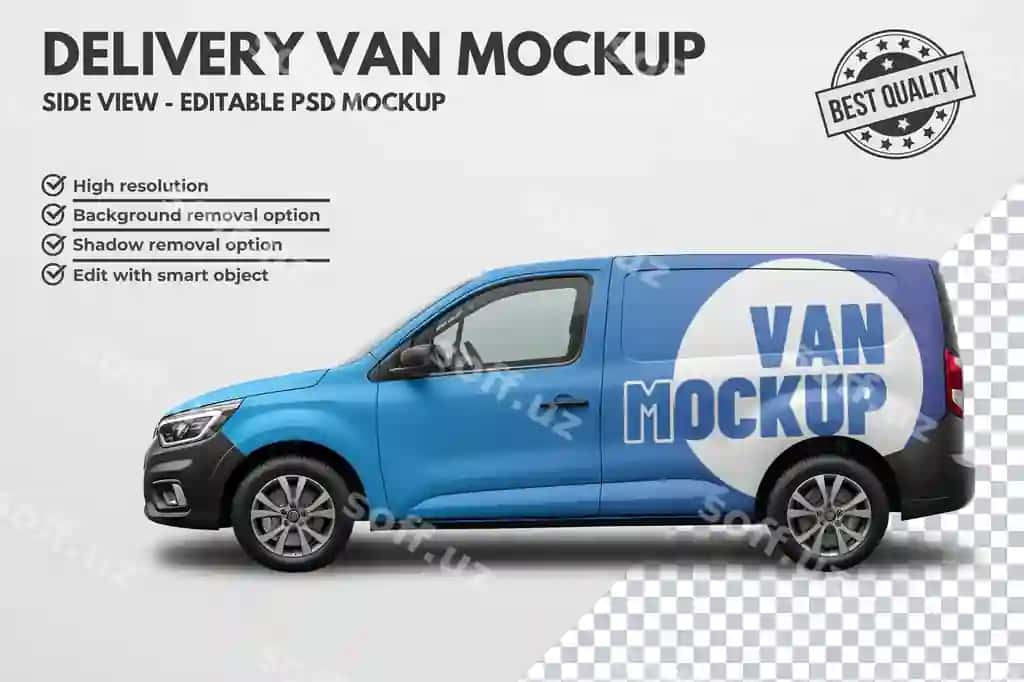 Taraf ko'rinish yetkazib berish furgoni uchun tahrirlanga psd mockup | Side view delivery van editable psd mockup