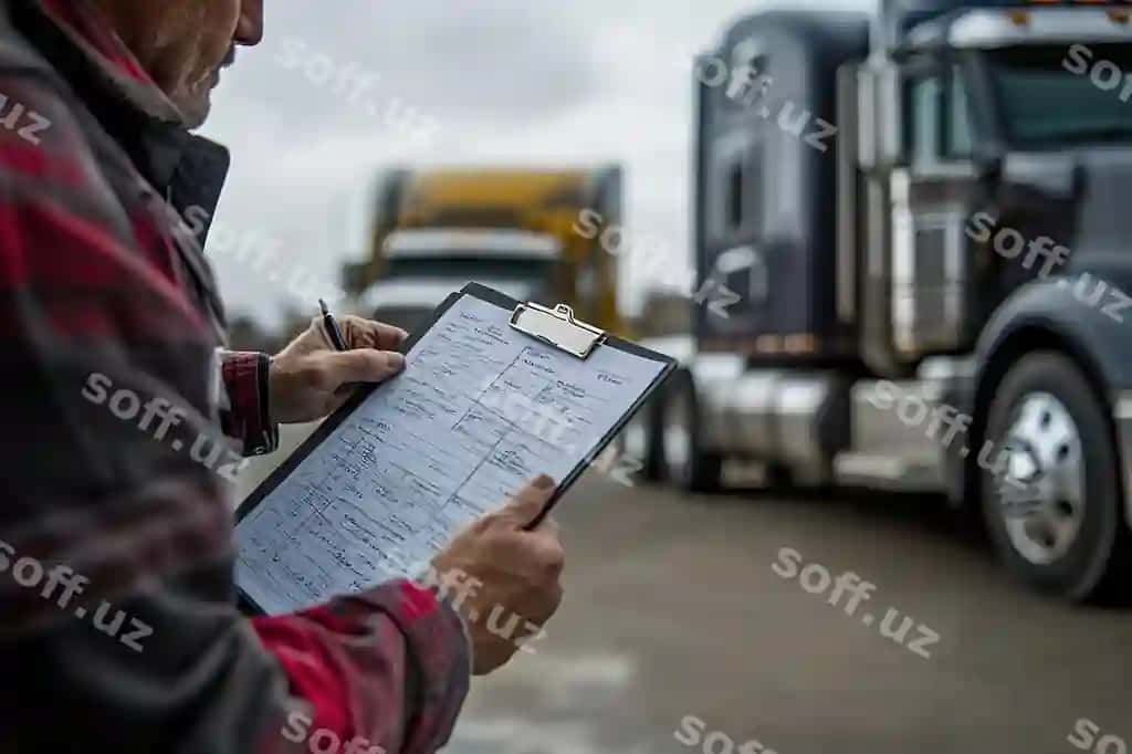 Plaid jaketdagi erkak checklistni ko'rib chiqadi, orqasida yuk avtomobili. | Man plaid jacket inspecting checklist with truck backgroun