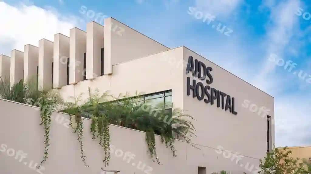 Yordamchi shifoxona yozuvi bor bino | Building with sign that says aids hospital