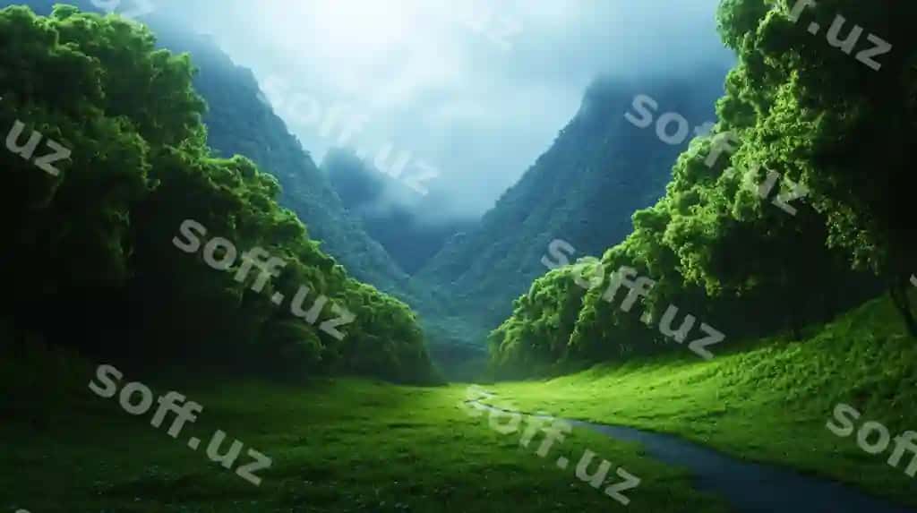 Yam-yashil barglari bilan sokin tog' vodiysi manzarasi | Serene mountain valley landscape with lush green foliage