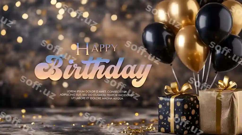 Bayram fonida qora oltin sharlar sovg'alar konfeti | Celebration background with black gold balloons gifts confetti