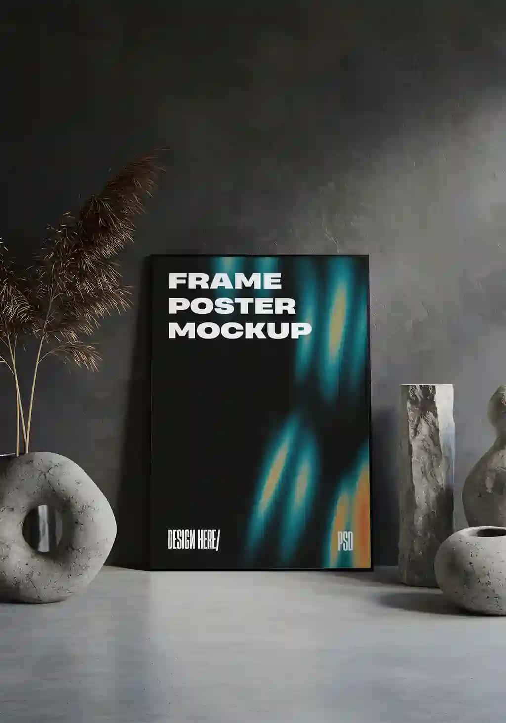 Dekorativ elementlarga ega ramka plakati maketi beton yuzasi | Frame poster mockup concrete surface with decorative elements
