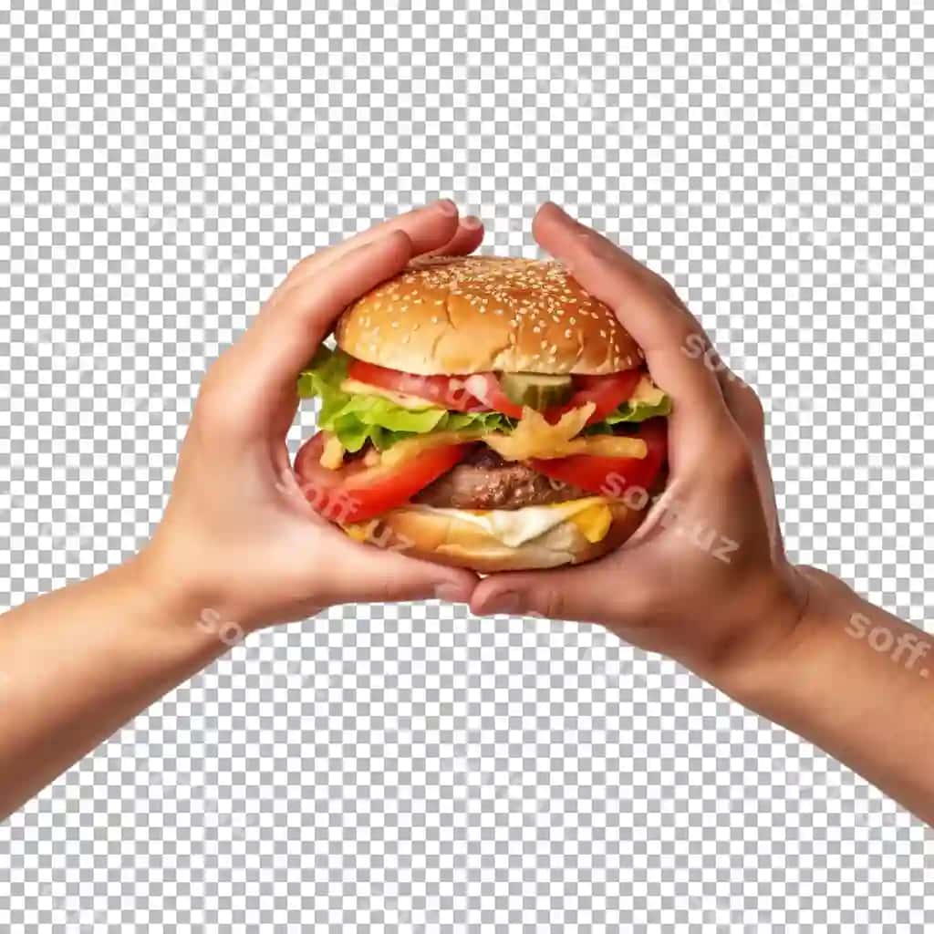 Qo'llar burgerni tutadi ajraltirilgan shaffof orqa fonda | Hands hold burger isolated transparent background