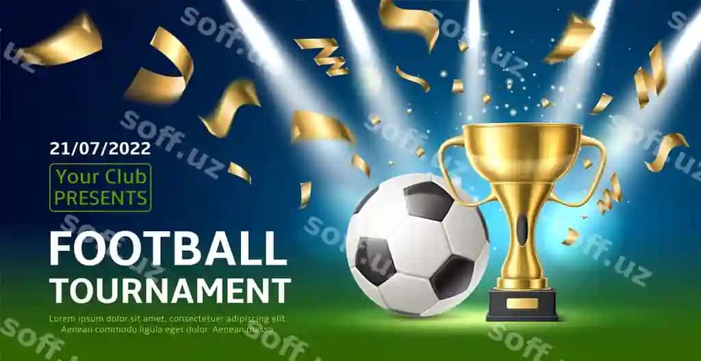 Futbol ligasi turniri poyeziri – oltin g'olib to'p | Football league tournament poster soccer ball with golden winner