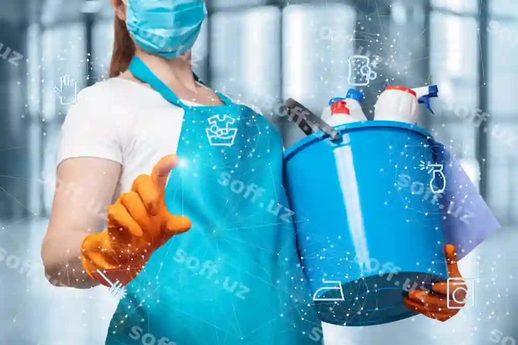 Tozalash ayoli tozalash xizmati ikonkalarini bosadi bulanik fon. | Cleaning lady clicks cleaning service icons blurred background