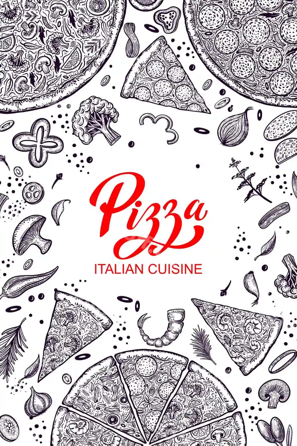 Pitsa ingredientlari qo'lda chizilgan pitseriya menyusi shabloni | Pizza ingredients hand drawn pizzeria menu template
