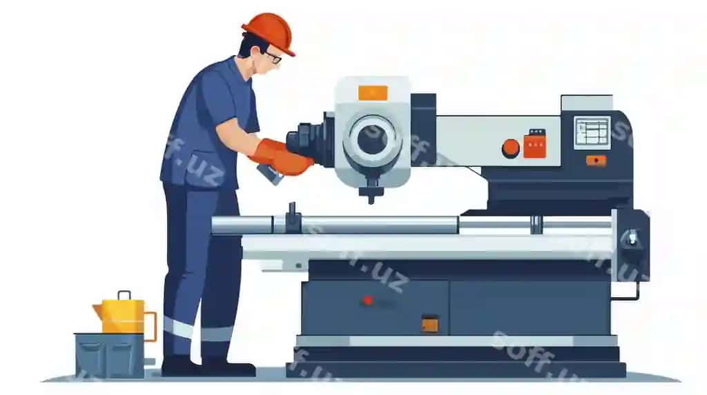 Professional muhandis ishchi mahsulot asobida tehriklash bajarayotgan. | Professional engineer worker performing maintenance machine tool