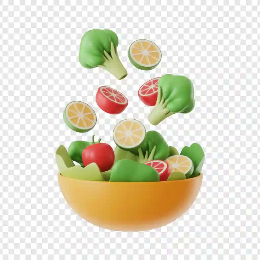 Yangi sabzavotlar, mevalar va yorqin 3D multfilm salat idishi | Vibrant 3d cartoon salad bowl with fresh vegetables fruits