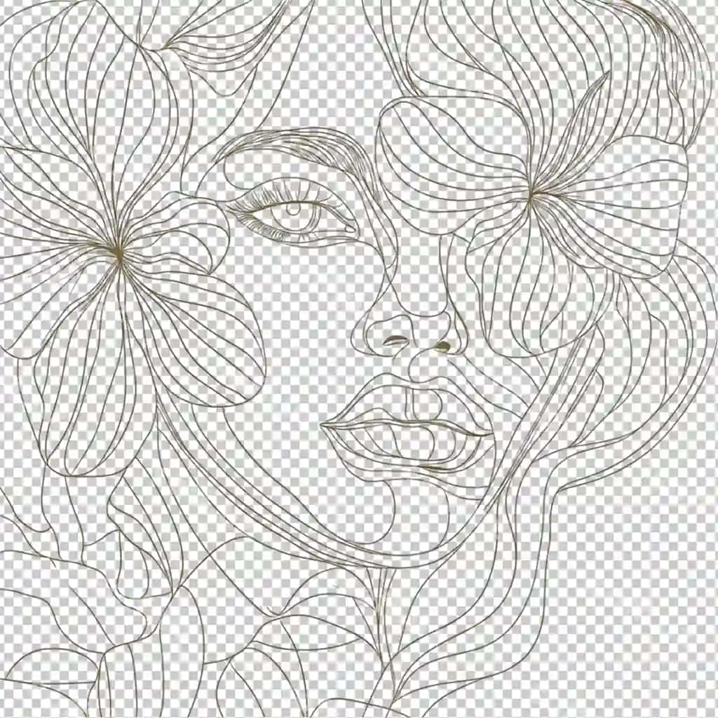 Ayol yuzi gullar bilan davomiy bitta chiziqlar uslubi shaffof ajraltirilgan | Woman face with flowers continuous one line style isolated transparent