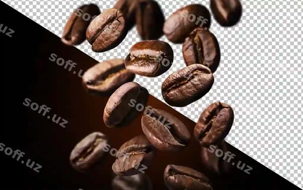 Qovurilgan tushayotgan kofe urug'lari qora fonda | Roasted falling coffee beans black background