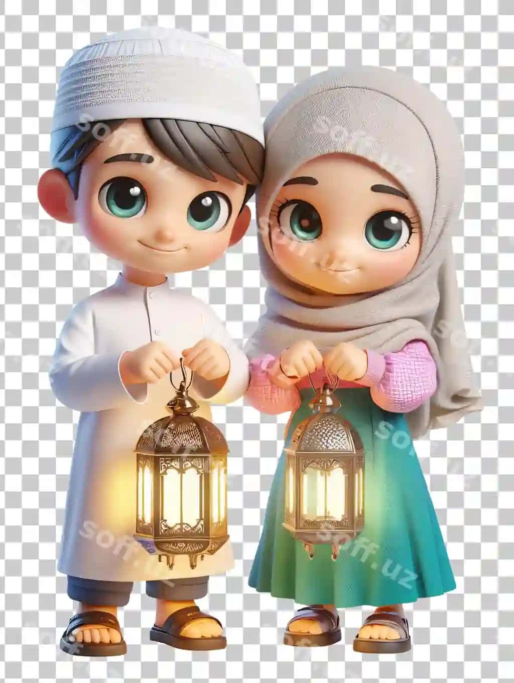 Muslim qiz ramazon fonari tutadi ajraltirilgan shaffof fonda | Muslim girl boy holds ramadan lantern isolated transparent background