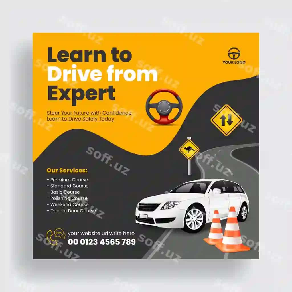 Haydovlik kursi Instagram posti, ijtimoiy tarmoqlar posti banner shabloni | Driving school instagram post social media post banner template