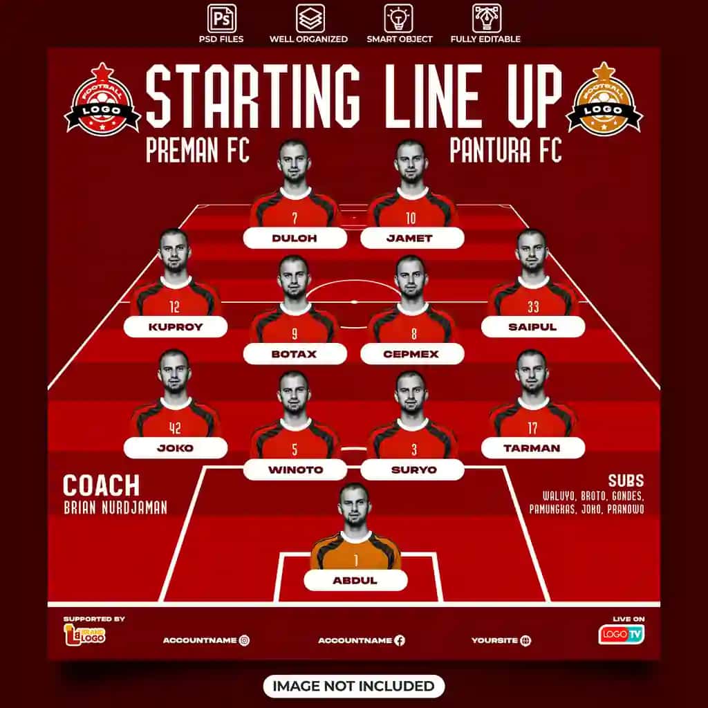 Ijtimoiy tarmoqdagi futbol sport tadbiri varaqasi shabloni | Starting line up football sport event flyer social media template