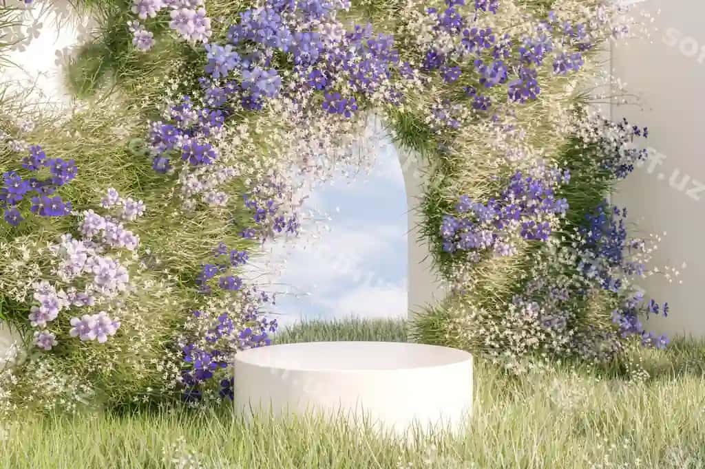 Tabiiy chiroyli podium orqa fonda bahor gullari maydoni bilan | Natural beauty podium backdrop with spring flower field