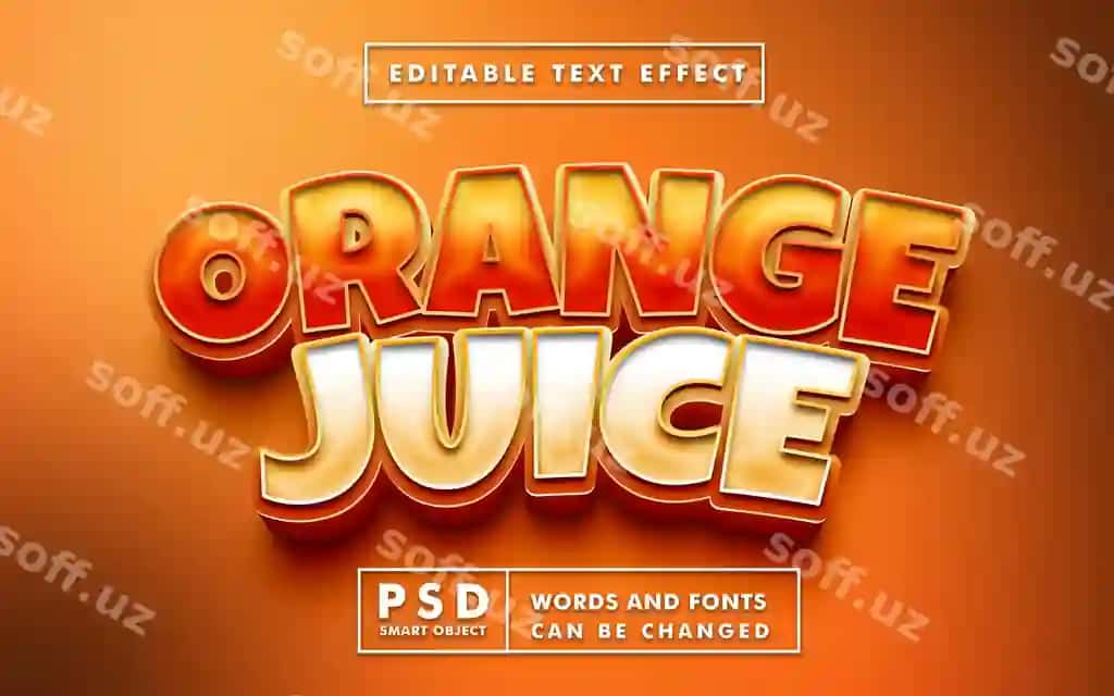 Apelsin sharbati 3d matn effekti premium psd | Orange juice 3d text effect premium psd