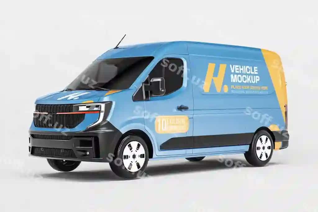 3D renderlangan elektr tijorat yetkazib berish furgoni o'rash maketining old tomoni | 3d rendered electric commercial delivery van wrapping mockup front