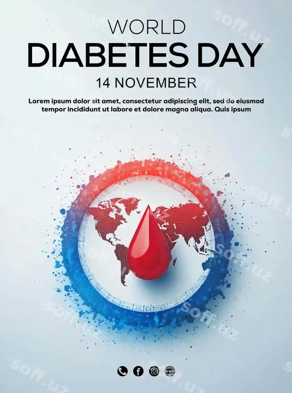 Diabet kuni poyezti qizil doira "shakar kuni" so'zi | Poster diabetes day with red circle wordssugar day