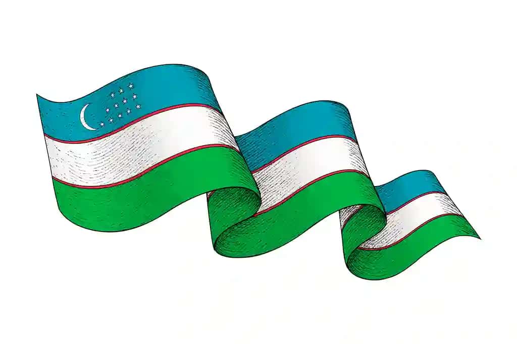 Oʻzbekiston bayrogʻi toʻlqinsimon lenta shaklidagi tekstura oʻyilgan | Uzbekistan flag with wavy ribbon shape engraved texture
