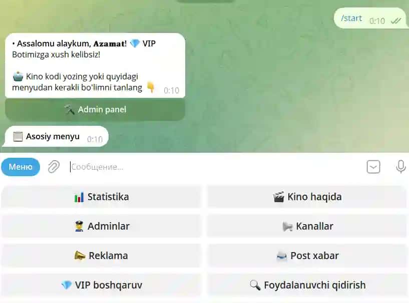 Kino qidiruvchi Telegram bot to'liq kodi