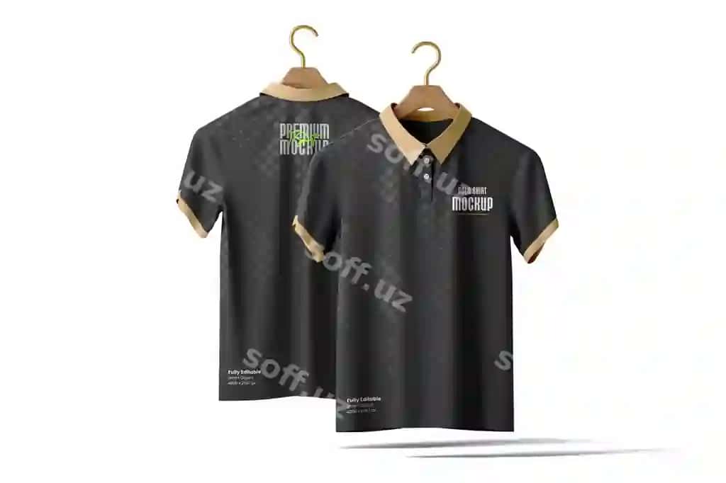Oltin yoqali polo ko'ylak maketi to'liq tahrirlanadigan psd professional brendingi | Gold collar polo shirt mockup fully editable psd professional branding