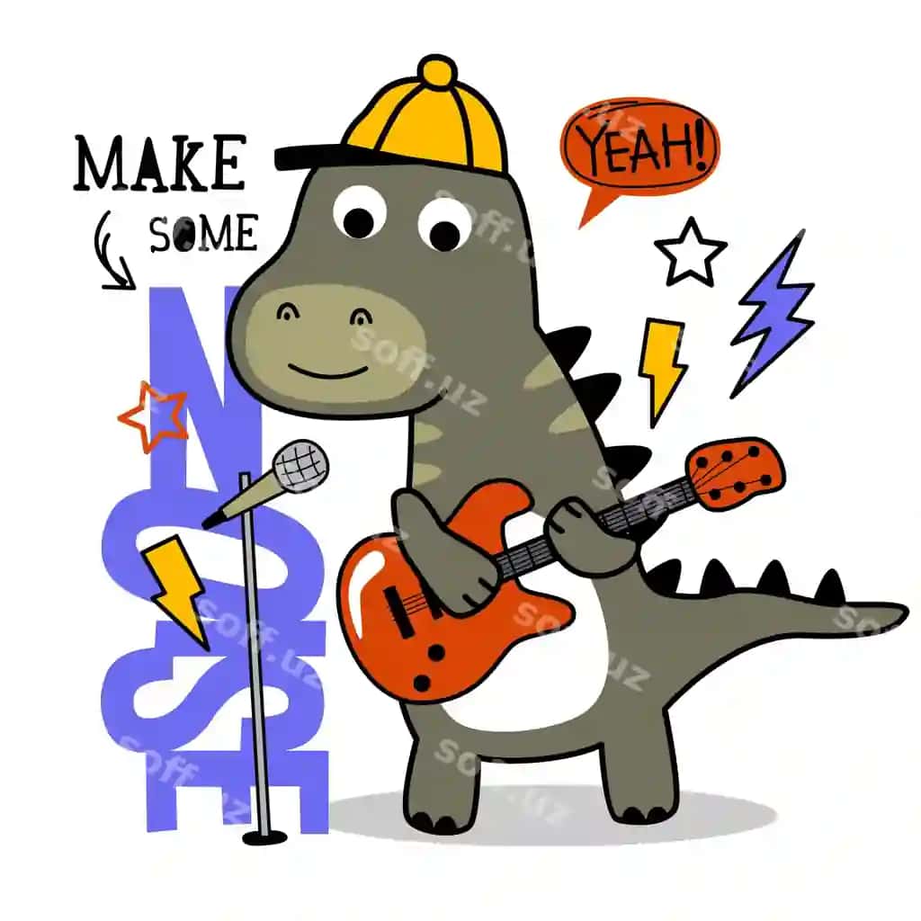 Kichik qiziq dinosav gitarasi bilan gulbishik hayvon kartun | Little cool dinosaur with guitar funny animal cartoon