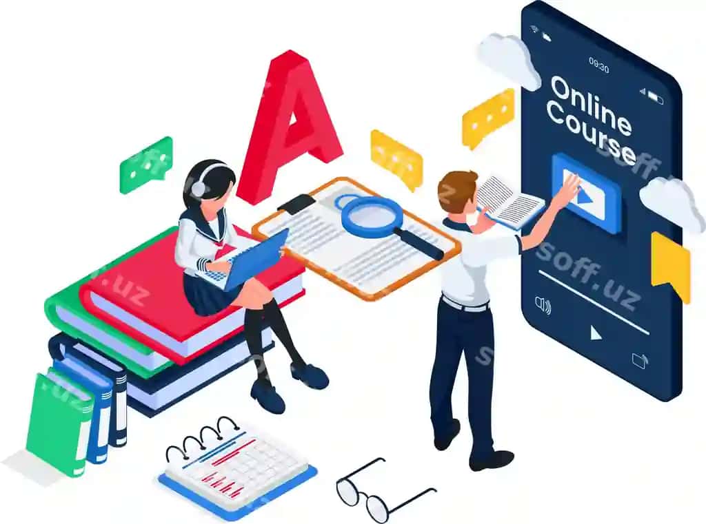 Guruh talabalar akilliq telefonda izometric onlayn o'quv videolariga kirish | Group students accessing learning videos smartphone isometric online