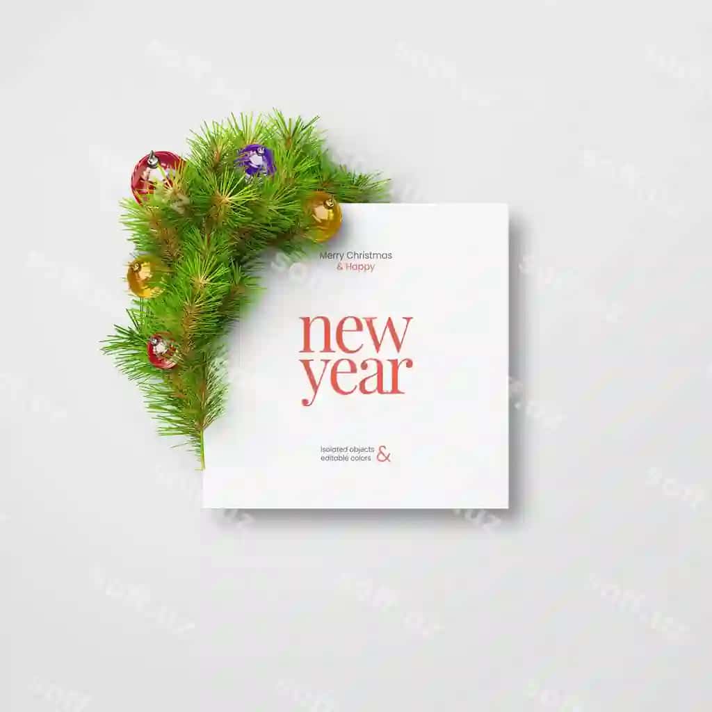 Chinar va yolka barglari bilan ramkali kvadrat Rojdestvo kartasi mockup shabloni | Square christmas card mockup template framed with pine fir leaves