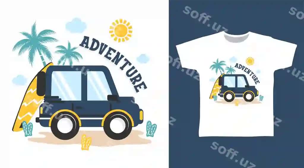 Macera avtomobil kartun futbolka dizayn kontsepsiya | Adventure car cartoon tshirt design concept