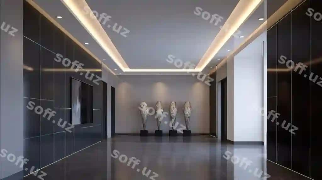 Ofis koridor noyob dizayn konseptsiyasi zamonaviy korxona LED yoritish bilan shaffof qora plitkalar | Office corridor sleek decor concept modern hallway with glossy black tiles led lighting
