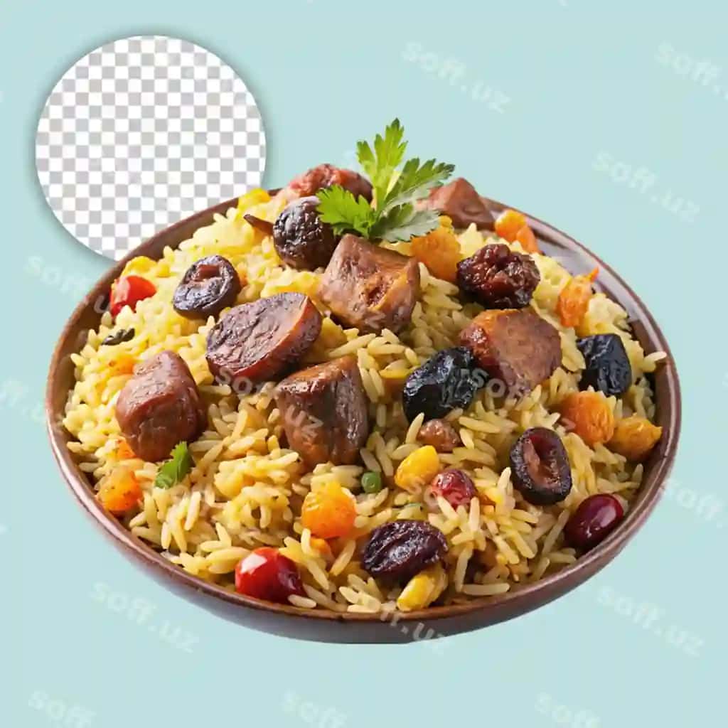 Shaffof fonda o'zbek bayramona palov palovi bilan katta taom | Large dish with uzbek festive pilaf plov transparent background