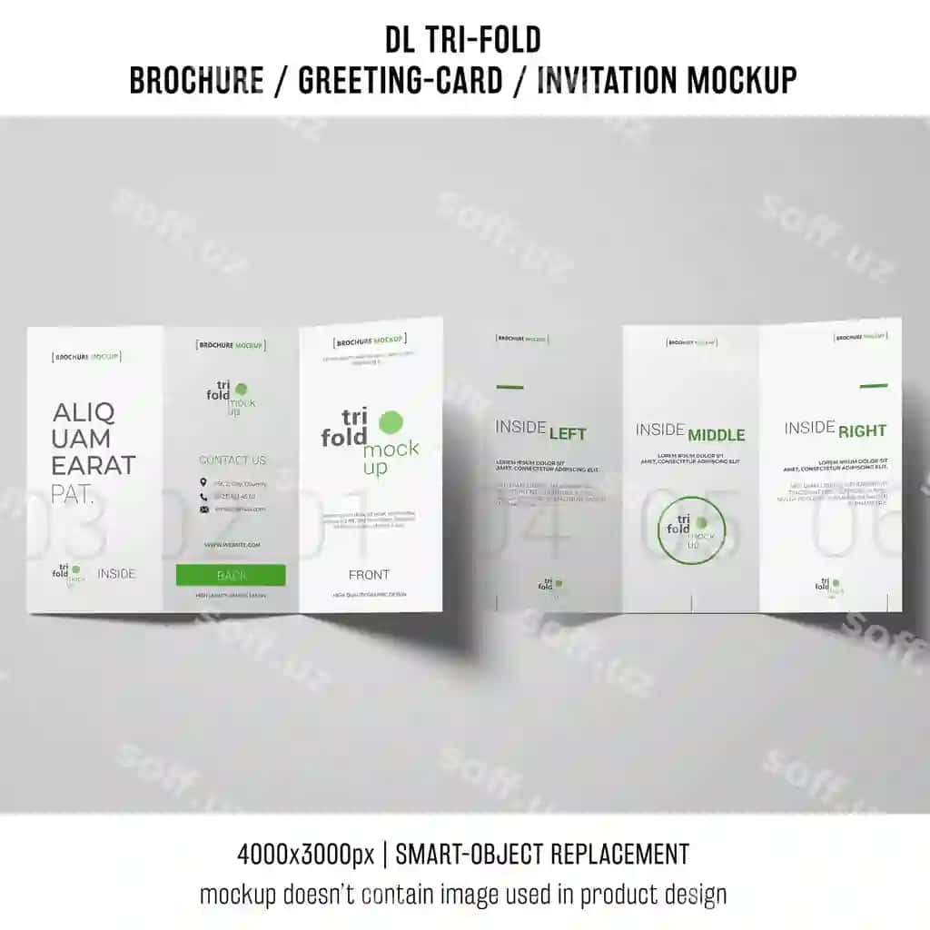 Uchga bo'lingan broshyr taklifnamaga namuna kulrang fon | Trifold brochure invitation mockup gray background