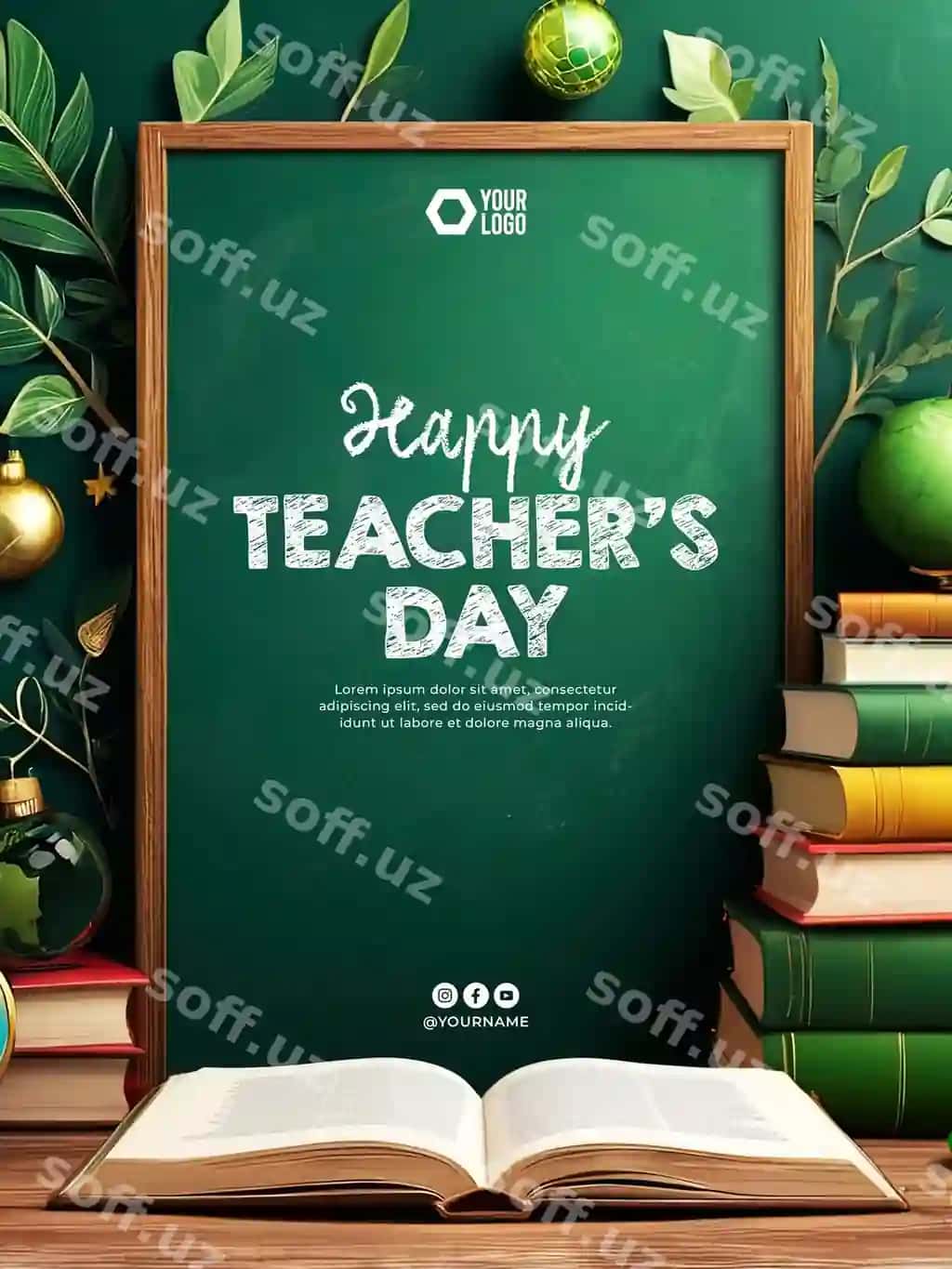 Butunjahon o'qituvchilar kuni ijtimoiy media posteri yashil doska fonida | World teachers day social media poster with green chalkboard background