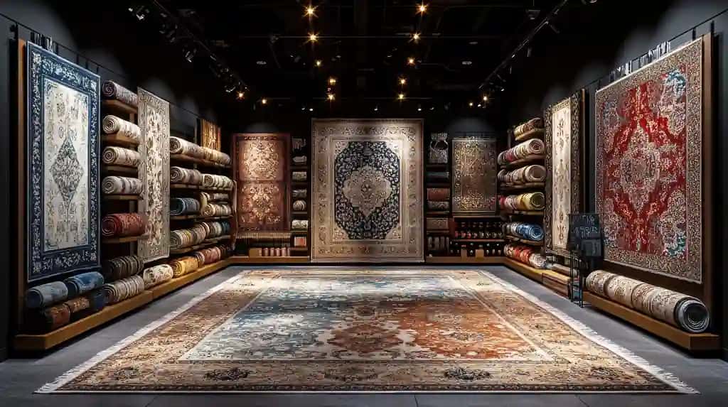 Turli xil gilamlar namoyishi bilan hashamatli gilam salonining ichki qismi | Luxurious rug showroom interior with diverse carpets display