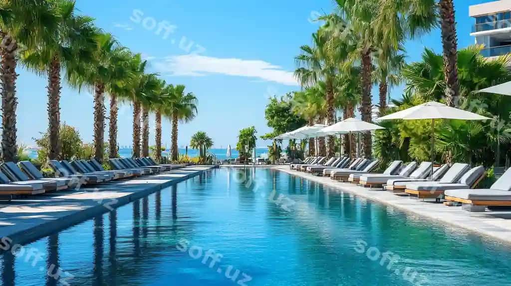 Luks kurort hovuz palm daraxtlari bilan lounge stullari | Luxury resort pool with palm trees lounge chairs