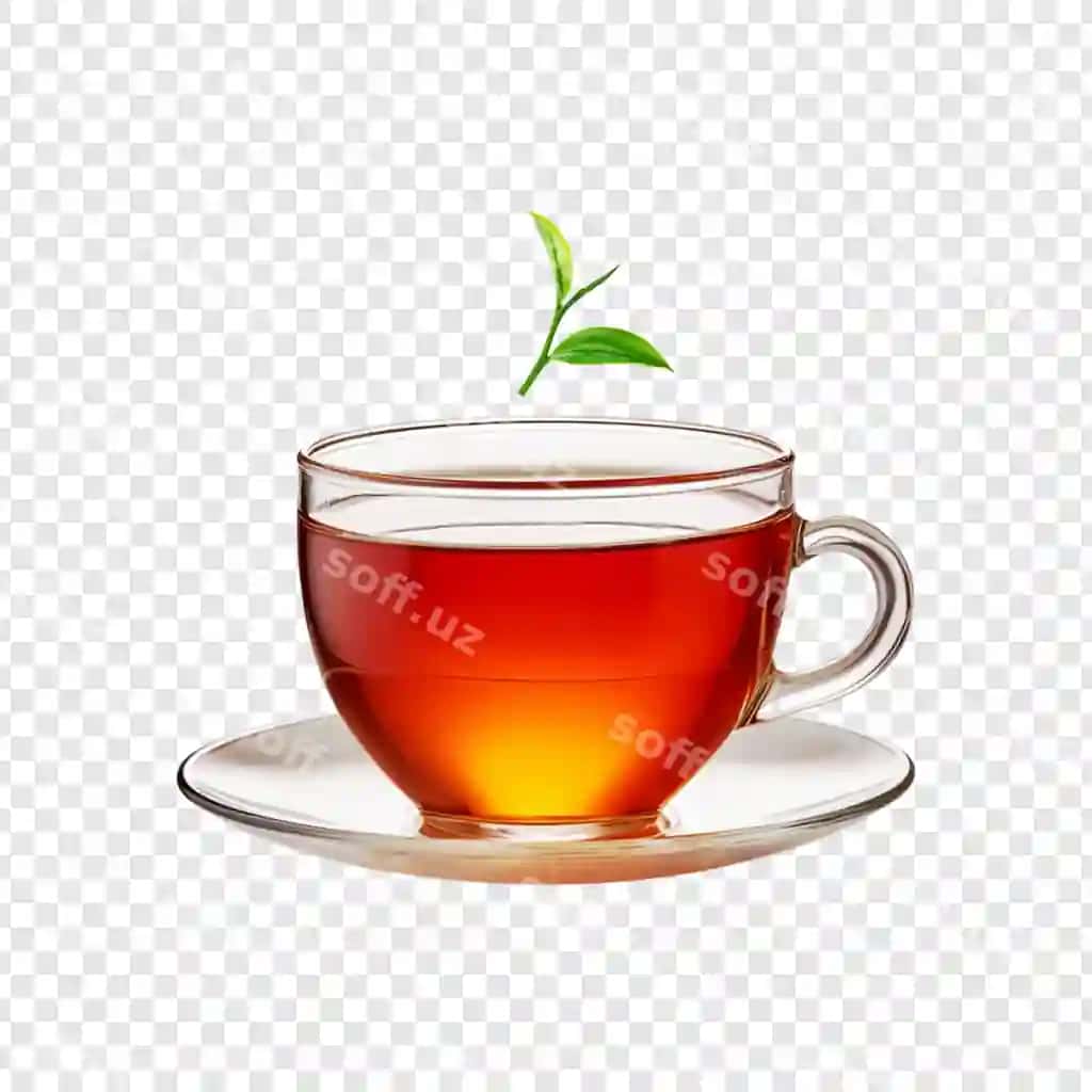 Choy kossa tushayotgan choy yapasi shaffof orqa fonda ajratilgan | Cup tea with falling tea leaf isolated transparent background