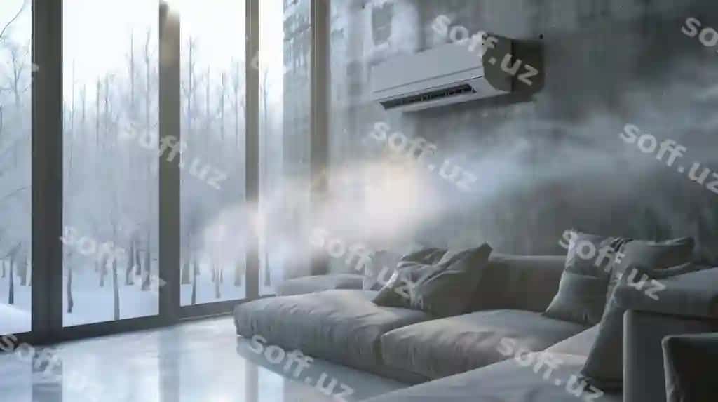 Generativ sun'iy intellekt tomonidan yaratilgan sovuq mehmonxona ko'rinishi konditsioner bilan. | Refreshing living room scene with air conditioner generative ai