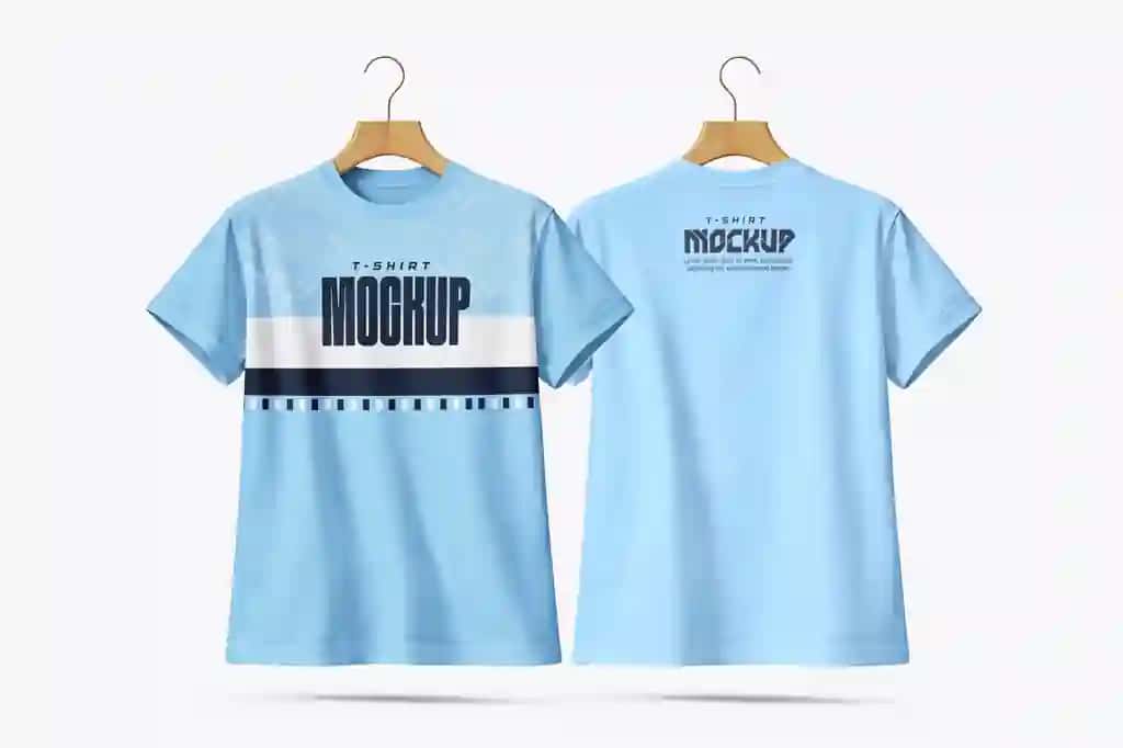 Och ko'k rangli futbolka maketining old va orqa ko'rinish ilgichlari | Light blue t shirt mockup front back view hangers