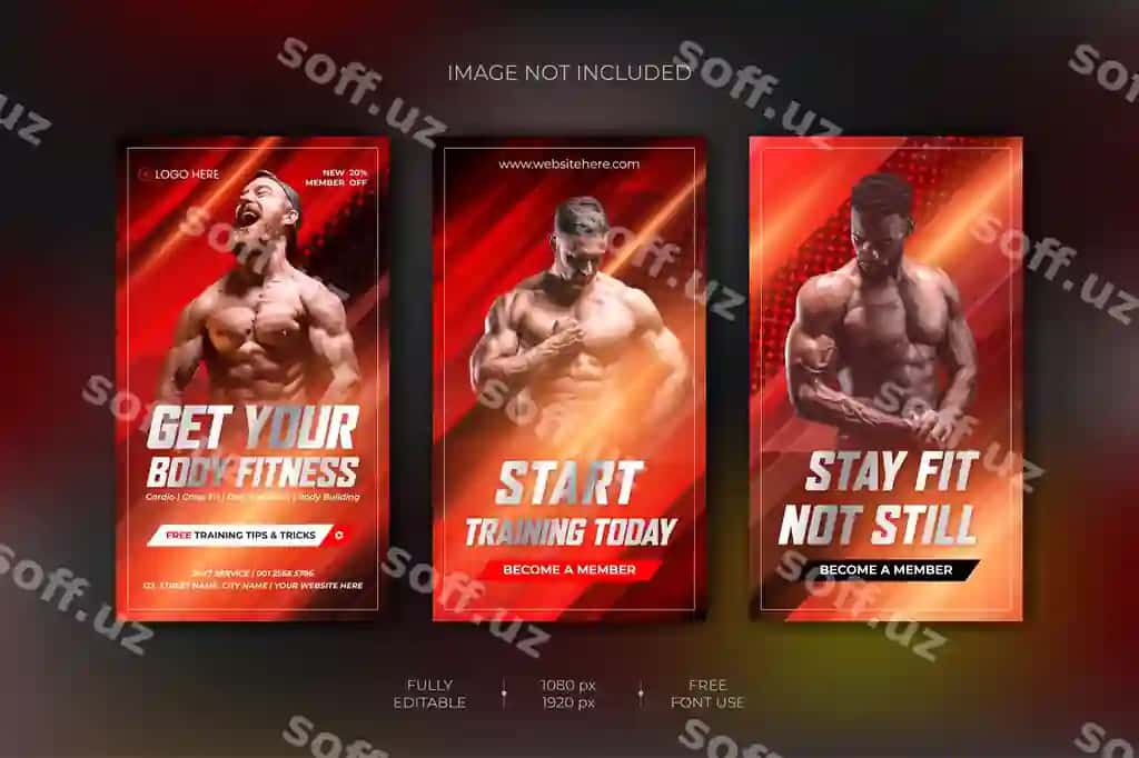 Fitnes zali mashg'ulotlari instagram hikoyalari to'plami veb-banner shabloni | Fitness gym training instagram stories collection web banner template