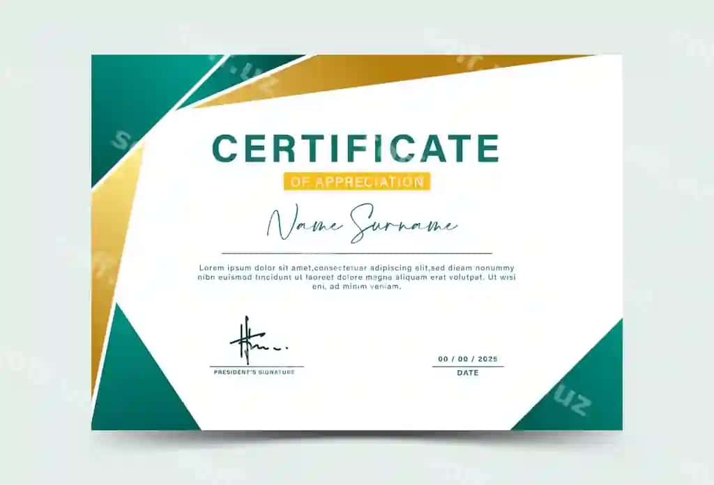 Qora yashil oltin geometric effekt muvaffaqiyat sertifikati shabloni | Dark green gold geometric effect achievement certificate template