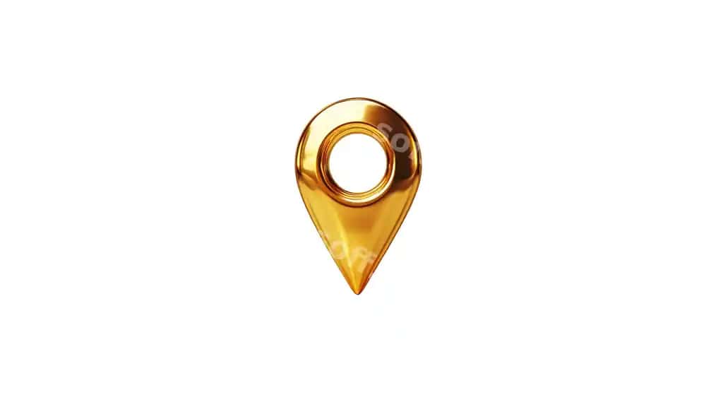 Parlak oltin 3 o'lchovli joy belgisi ikonasi aks etadigan sirt qora rangda | Glossy gold 3d location pin icon with reflective surface solid black