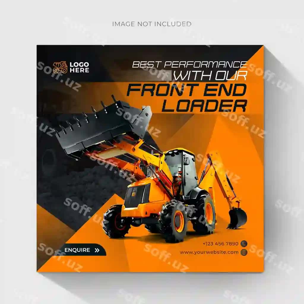 Og'ir jihozlar front-end yuklovchi moshina ijtimoiy tarmoqlar post shabloni dizayni | Heavy equipment front end loader social media post template design