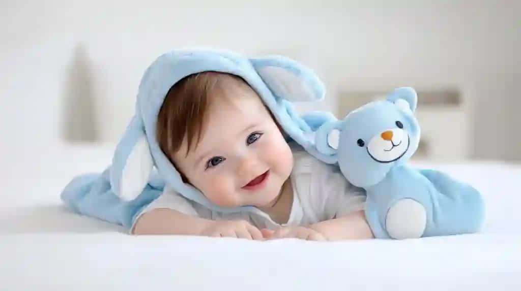 Chaqaloq qo'llarida to'ldirilgan hayvon bilan to'shakda yotibdi | Baby is laying bed with stuffed animal his arms
