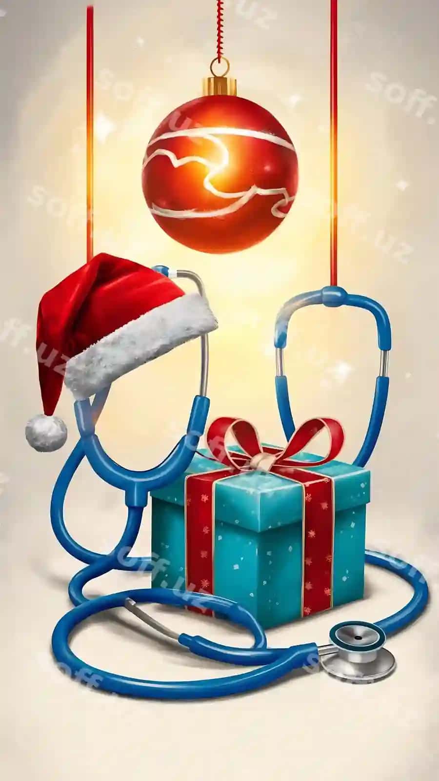 Rojdestvo tibbiy fonda kopirofka joyi ko'k stetoskop sovg'a qutisi Rojdestvo shari | Christmas medical background with copy space blue stethoscope gift box christmas ball