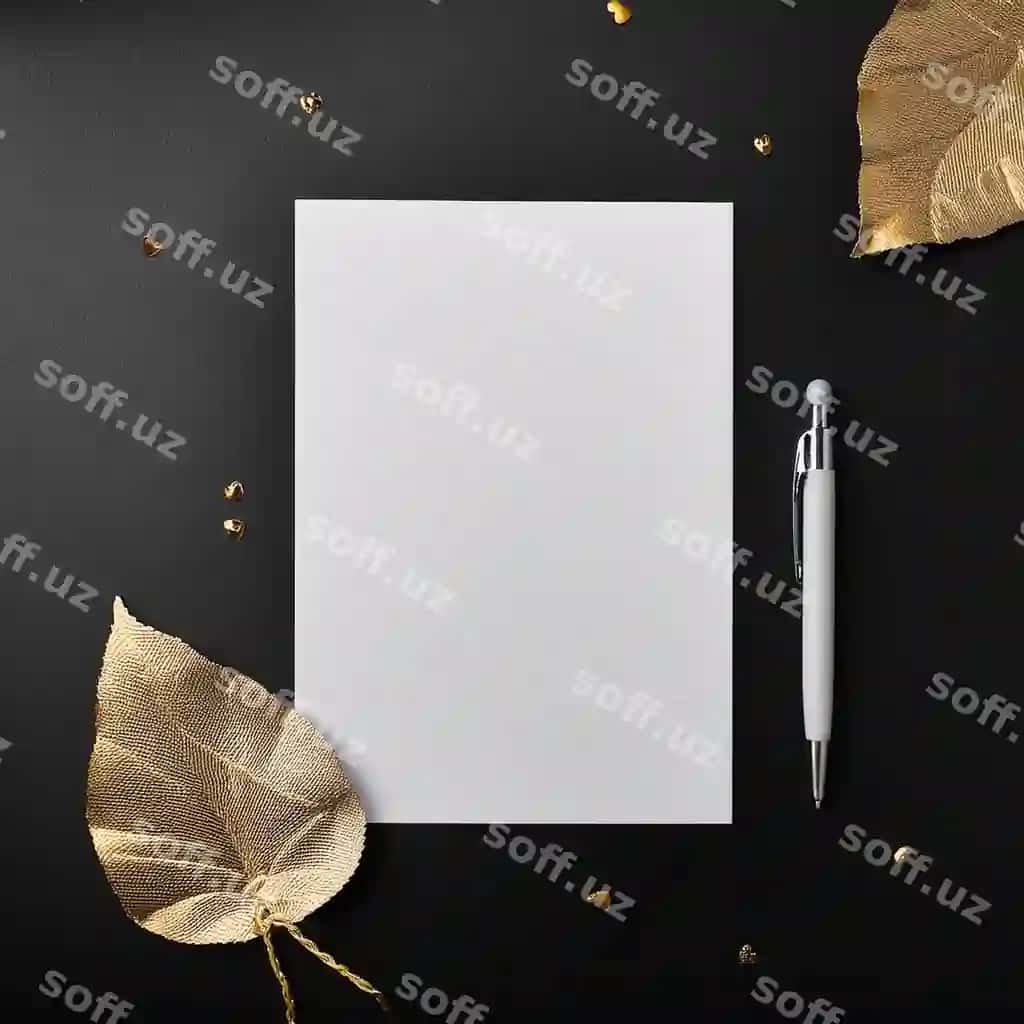 Oq varaq oltin varoqlar bilan, u qalam stol. | White piece paper with gold leaves it pen table
