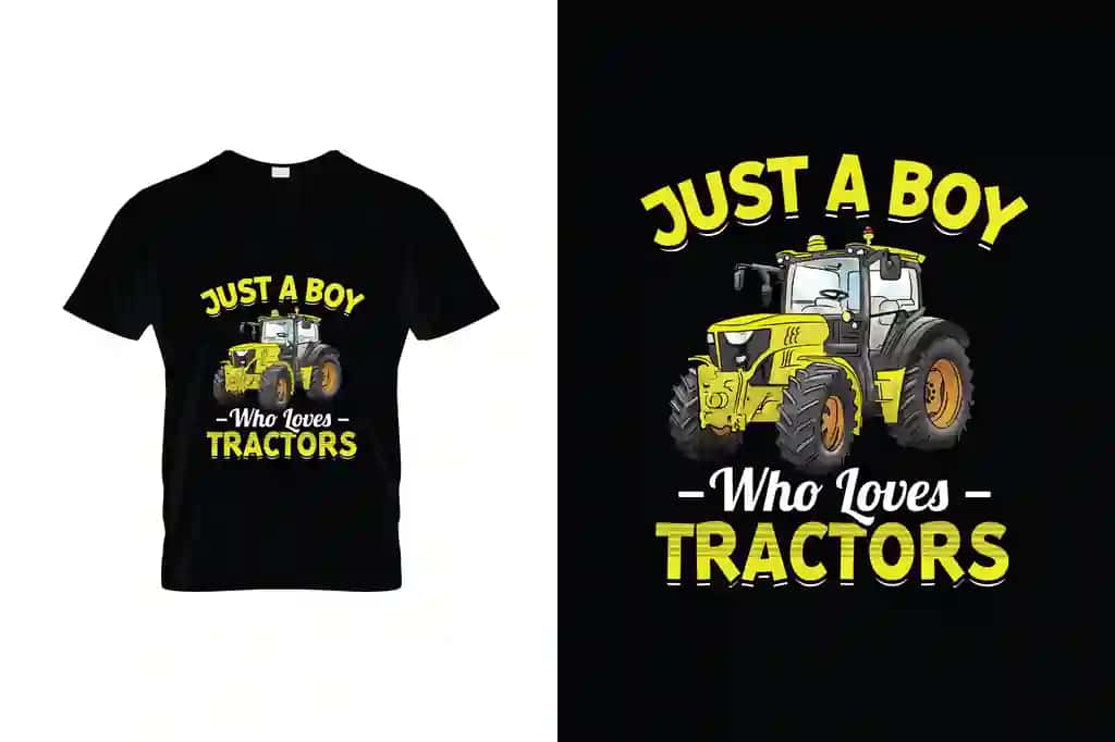 Traktorlarni yaxshi ko'radigan bola deb yozilgan qora futbolka | Black t shirt that says just boy who loves tractors it