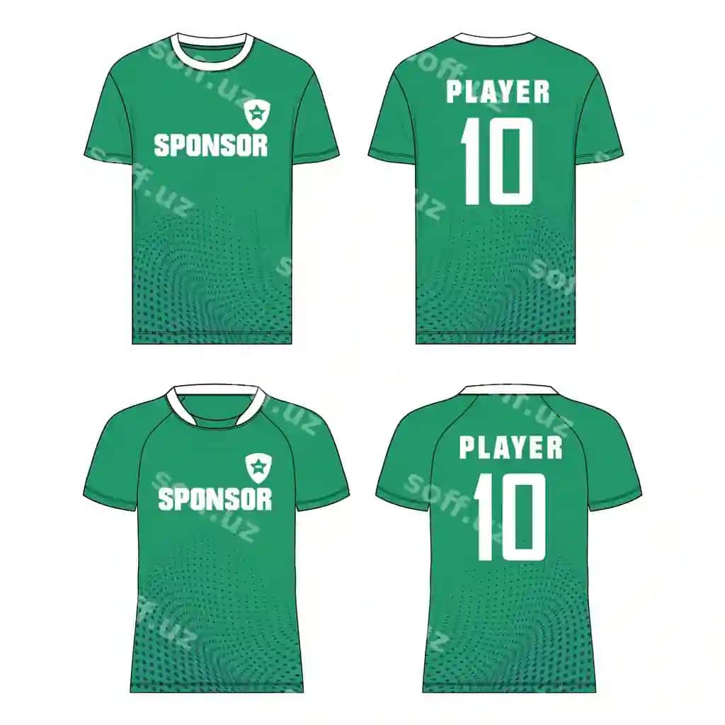 Yashil futbol formasi dizayni oldingi orqa ko'rinishdagi 10-raqamli o'yinchi | Green soccer jersey design front back views player number 10